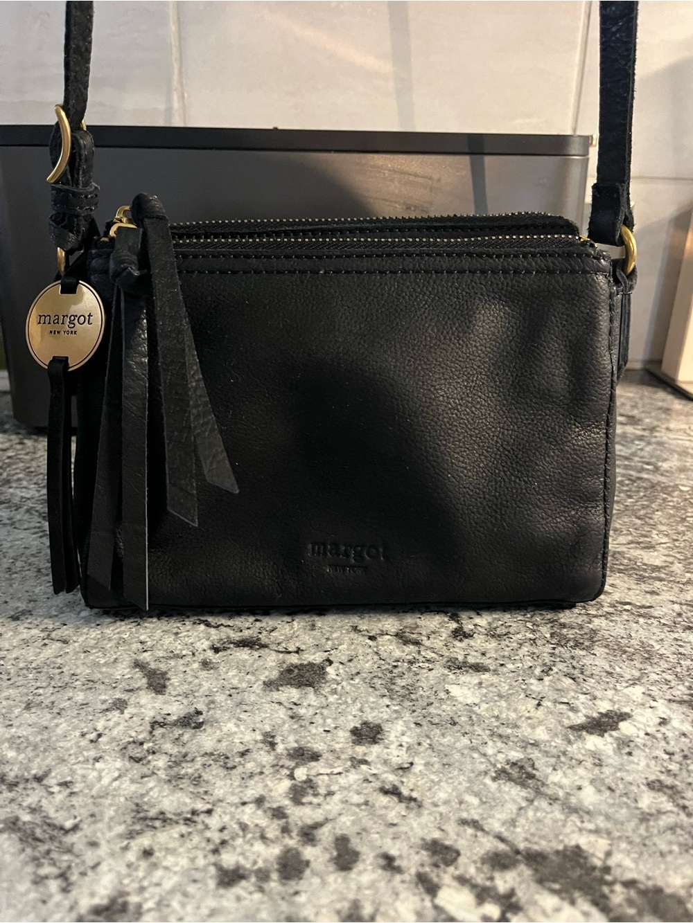Margot New York Jules Double Zip Black Leather Crossbody Bag